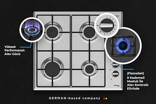Tommatech TAO6007IM Metal 4 Gözlü Gazlı Ankastre Inox Ocak
