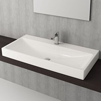Bocchi Klasik Tekli 100 cm Seramik Tezgah Üstü Dikdörtgen Lavabo Beyaz