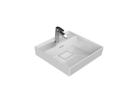 Turkuaz Seramik Etajerli Klasik Tekli 48 cm Tezgah Üstü Kare Lavabo Beyaz