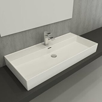 Bocchi 1378-001-0126 Klasik Tekli 100 cm Seramik Tezgah Üstü Dikdörtgen Lavabo Beyaz