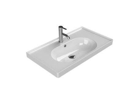 Turkuaz Seramik Etajerli Klasik Tekli 80 cm Tezgah Üstü Oval Lavabo Gri