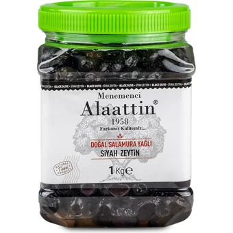 Menemenci Alaattin Yağlı Tuzlu Salamura Siyah Zeytin Pet Kavanoz 1 kg