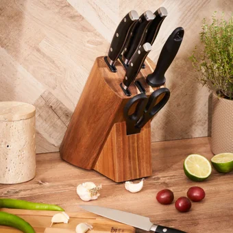 Emsan Naturel 8.9-12.7-20-20-20 cm Plastik Saplı Paslanmaz Çelik 7 Parça Standlı Ahşap Bloklu Bıçak Seti