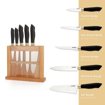 Schafer Severe 20-24-27-29-30 cm Plastik Saplı Paslanmaz Çelik 6 Parça Standlı Standlı Bıçak Seti