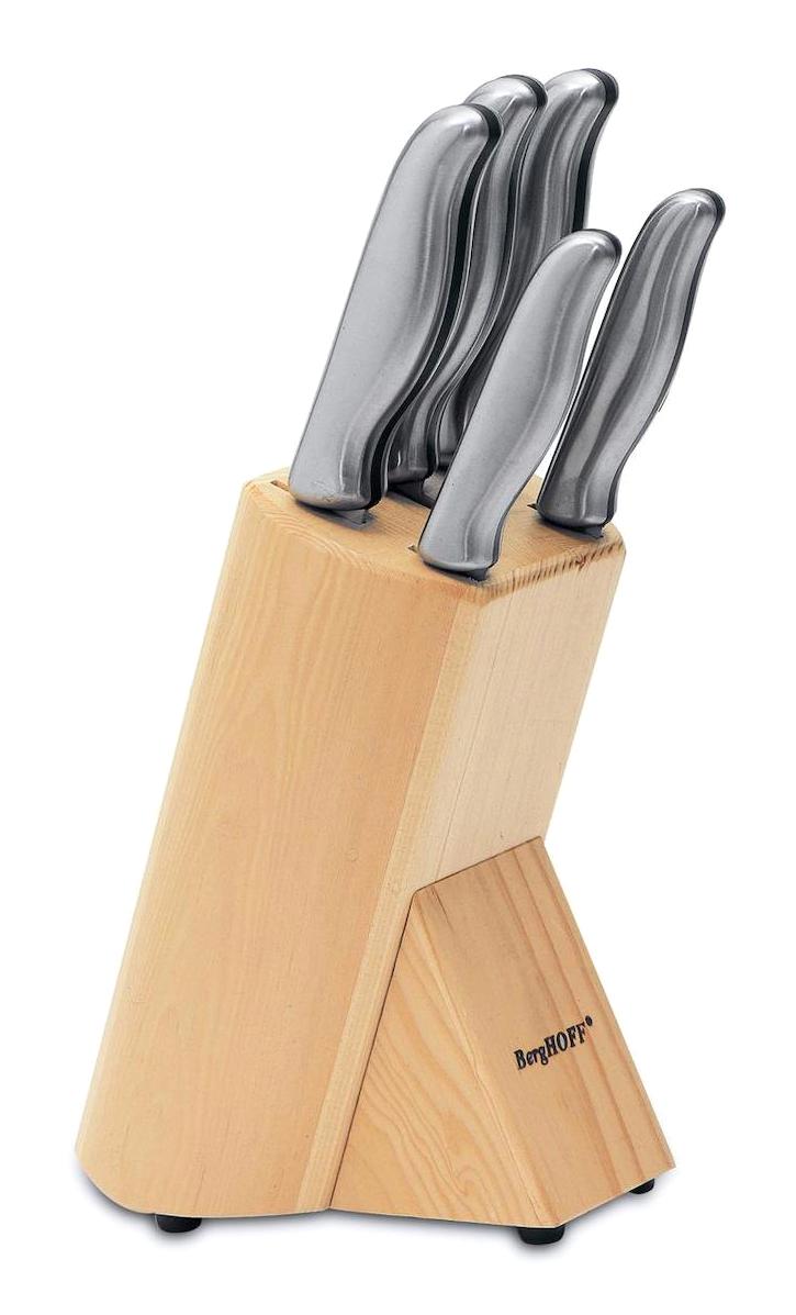 Berghoff Essentials 9.5-10-10-20-20 cm Çelik Saplı Paslanmaz Çelik 5 Parça Standlı Ahşap Bloklu Bıçak Seti