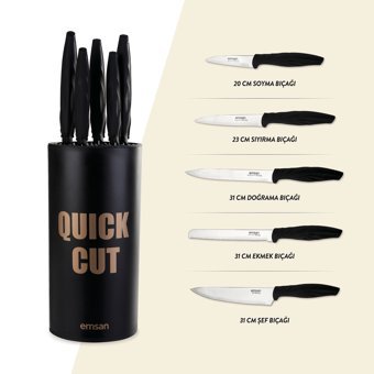 Emsan Quick Cut 20-23-31-31-31 cm Plastik Saplı Paslanmaz Çelik 5 Parça Standlı Mutfak Bıçak Seti