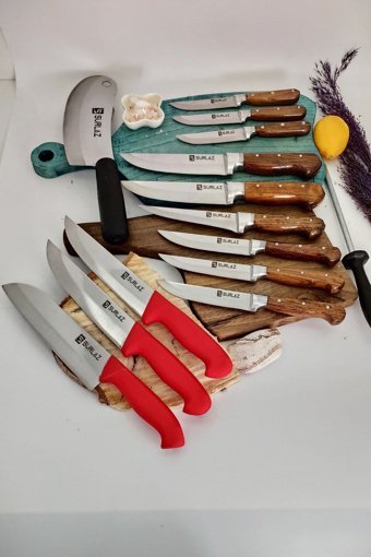 Sürlaz Sürmene 12-12-15-17-19 cm Ahşap-Plastik Saplı Paslanmaz Çelik 14 Parça Çeyizlik Bıçak Seti