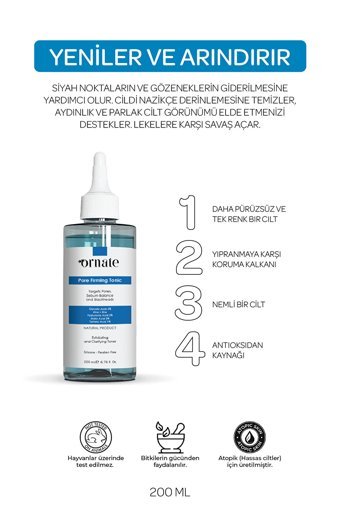 Ornate Tüm Ciltler İçin Aha+Bha Gözenek Sıkılaştırıcı Losyon Tonik 200 ml