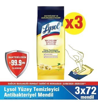 Lysol Antibakteriyel 72 Yaprak 3'lü Paket Yüzey Temizleme Mendili