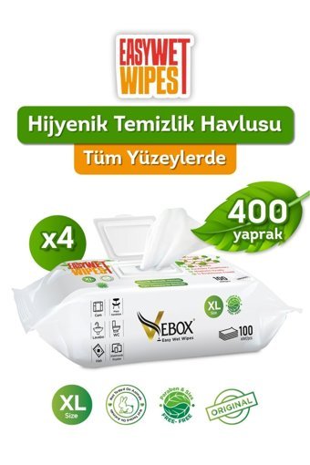 Vebox Easy Wet Wipes 100 Yaprak 4'lü Paket Yüzey Temizleme Mendili