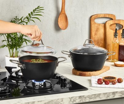 Amboss Dark Yanmaz Yapışmaz Cam 2 Parça 24 cm Titanyum Kaplama Derin Tencere