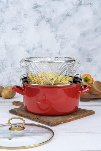 Acar Qualita Savor Cam 2 Parça 22 cm Emaye Derin Tencere Kırmızı