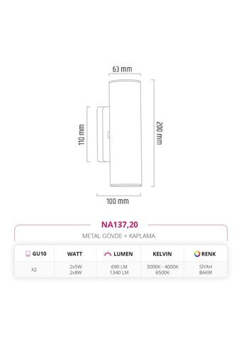 Nevo NA137.20 2'li Başlık Metal Led Aplik Siyah