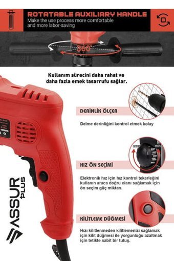 Assur Plus Germany Style 1100 W Darbeli Elektrikli Matkap Kırmızı