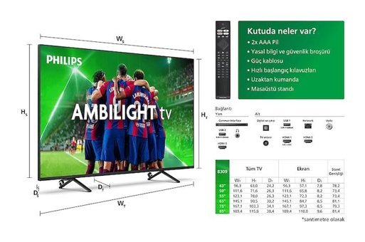 Philips 50PUS8309/62 50 inç Ultra HD 126 cm G Çerçevesiz Flat Uydu Alıcılı Smart LED Televizyon