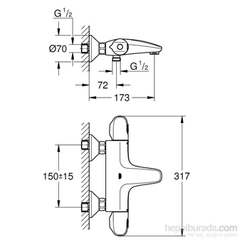 Grohe Grohe Krom Çiftli Çevirmeli Dereceli Yarı Ankastre Kare Banyo Bataryası Gümüş