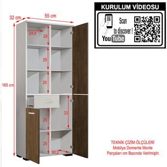 Modilayn 3 Kapaklı 1 Çekmeceli 10 Raflı Çok Amaçlı Dolap Kahverengi 165 x 30 x 30 cm