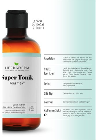 Herbaderm Pore Tight Tüm Cilt Tipleri İçin Aha+Bha Gözenek Sıkılaştırıcı Likit Tonik 250 ml