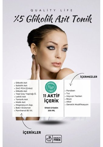 Quality Life Tüm Cilt Tipleri İçin Aha+Bha Salisilik Asitli Yeşil Çaylı Gözenek Sıkılaştırıcı Leke Giderici Yüz Temizleyici Likit Tonik 200 ml