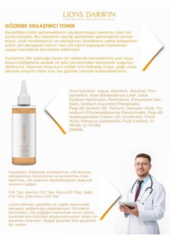 Lions Darwin Tüm Cilt Tipleri İçin Salisilik Asitli Gözenek Sıkılaştırıcı Leke Giderici Likit Tonik 200 ml