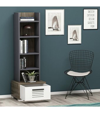 Demonte Decor 6 Bölmeli Çekmeceli 4 Raflı Suntalam 140 cm Antrasit Kitaplık