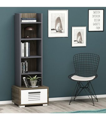Demonte Decor 6 Bölmeli Çekmeceli 4 Raflı Suntalam 140 cm Antrasit Kitaplık