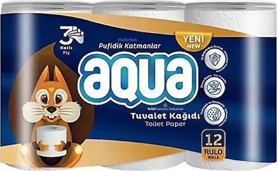 Aqua 3 Katlı 12'li Rulo Tuvalet Kağıdı