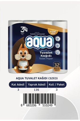Aqua 3 Katlı 32'li Rulo Tuvalet Kağıdı