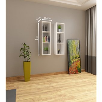 Dekormer Design 6 Bölmeli 2 Raflı Suntalam 90 cm İkili Takım Beyaz Kitaplık