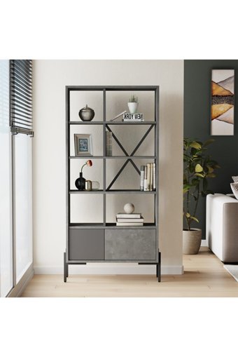 Yurudesign Bruno 9 Bölmeli 4 Raflı Yonga Levha 160 cm Antrasit Kitaplık