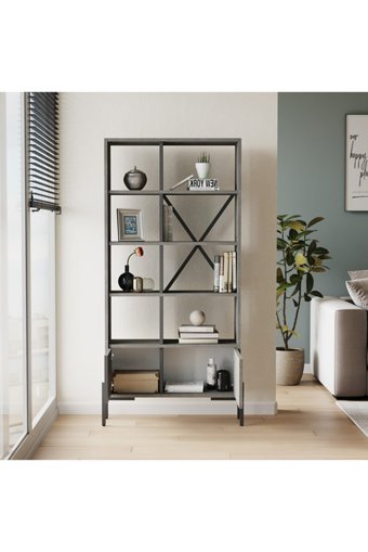Yurudesign Bruno 9 Bölmeli 4 Raflı Yonga Levha 160 cm Antrasit Kitaplık