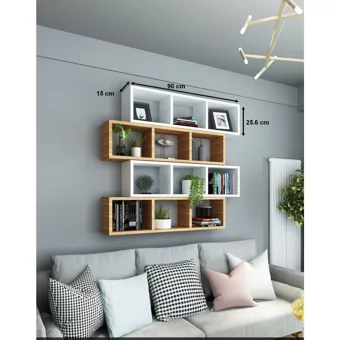 Dekormer Design 12 Bölmeli 12 Raflı Yonga Levha 104 cm Beyaz Kahverengi Takım Kitaplık