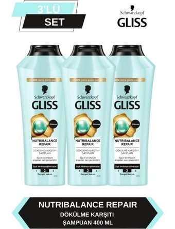 Gliss Nutribalance Repair Saç Dökülmesine Karşı Tüm Saçlar İçin Sade Standart Unisex Şampuanı 3x400 ml