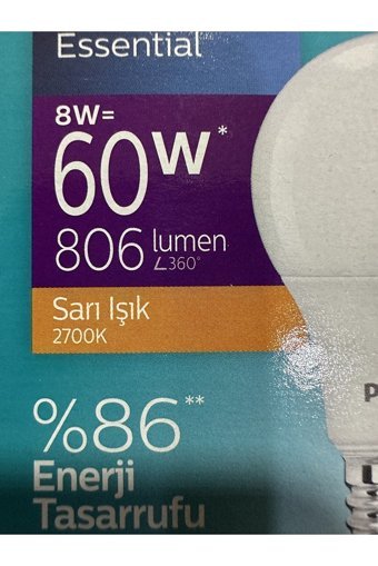 Philips Essential 60 W Tasarruflu Sarı E27 Armut Led Ampül