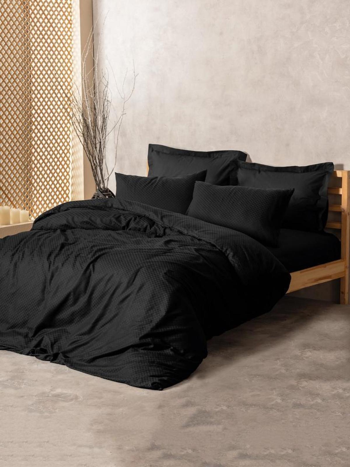 Cotton Box Plain Plaid Pamuk Dört Mevsim 200 x 220 cm Kareli Çift Kişilik Nevresim Takımı Siyah