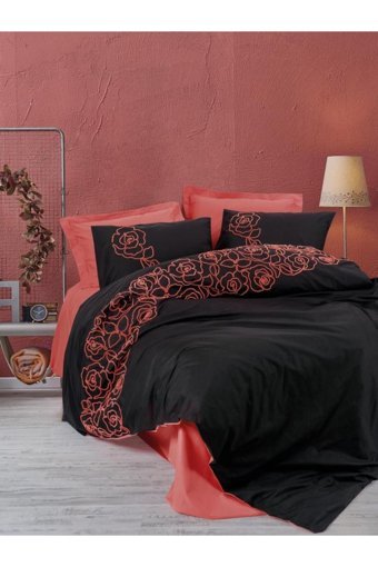 Cotton Box Rosen Pamuk Dört Mevsim 200 x 220 cm İşlemeli Çift Kişilik Nevresim Takımı Kırmızı Siyah