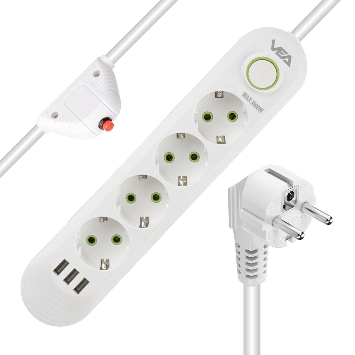 Vea VA-21560 4'lü 1.5 metre 3'lü USB Kablolu Çiftli Akım Korumalı Priz