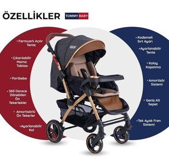 Tommy Baby Tornado Plus Çift Yönlü Katlanabilir 360 Derece Dönen Tam Yatar Bebek Arabası Kahverengi
