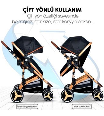 Baby Home BH-945 Çift Yönlü Katlanabilir 360 Derece Dönen Tam Yatar Travel Sistem Bebek Arabası Altın Kahverengi