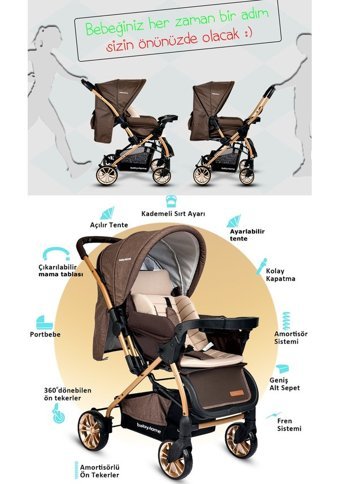 Baby Home BH-780 Çift Yönlü Katlanabilir 360 Derece Dönen Tam Yatar Bebek Arabası Kahverengi