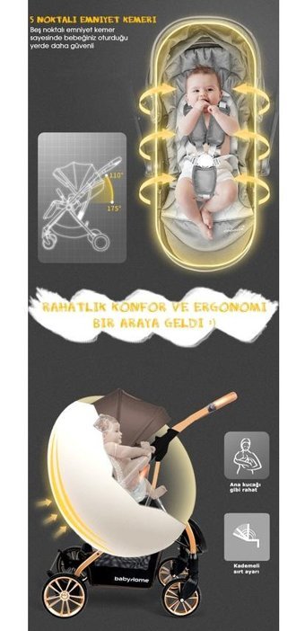 Baby Home BH-780 Çift Yönlü Katlanabilir 360 Derece Dönen Tam Yatar Bebek Arabası Kahverengi