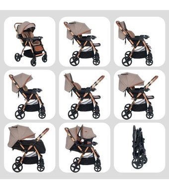 Joell Trendy Çift Yönlü Katlanabilir 360 Derece Dönen Bebek Arabası Gri