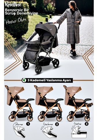 Rose Mose 405 Çift Yönlü Katlanabilir 360 Derece Dönen Tam Yatar Bebek Arabası Gold - Kahverengi