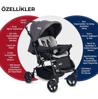 Tommy Baby Elegant Çift Yönlü Katlanabilir 360 Derece Dönen Tam Yatar Puset Bebek Arabası Gri