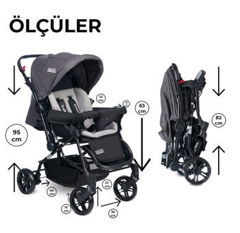 Tommy Baby Elegant Çift Yönlü Katlanabilir 360 Derece Dönen Tam Yatar Puset Bebek Arabası Gri