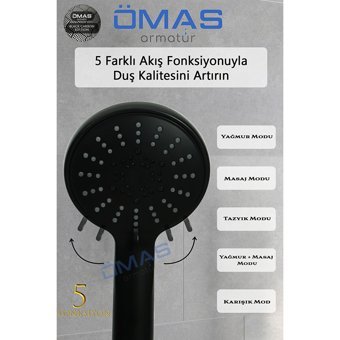 Ömas Otomasyon 5 Fonksiyonlu Tazyikli Yağmur El Duş Başlığı Siyah