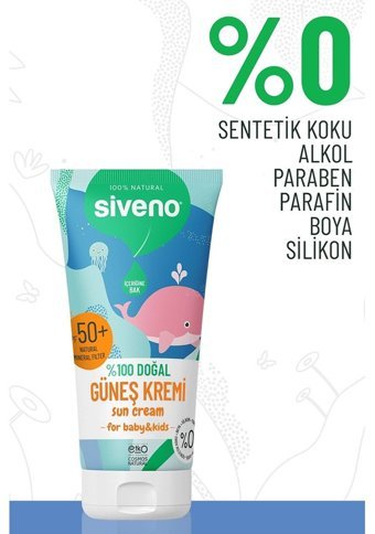 Siveno 50 Faktör Hassas Ciltler İçin Suya Dayanıklı Parabensiz Bebek Yüz ve Vücut Güneş Kremi 50 ml