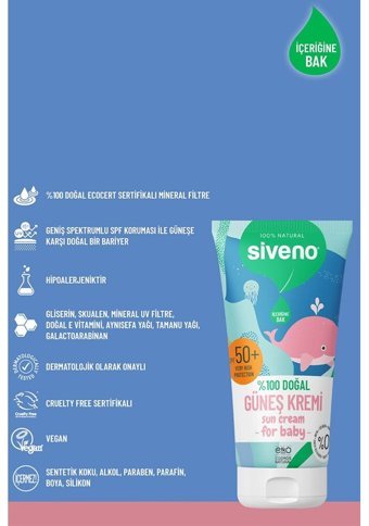 Siveno 50 Faktör Hassas Ciltler İçin Suya Dayanıklı Parabensiz Bebek Yüz ve Vücut Güneş Kremi 50 ml
