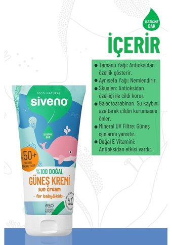 Siveno 50 Faktör Hassas Ciltler İçin Suya Dayanıklı Parabensiz Bebek Yüz ve Vücut Güneş Kremi 50 ml