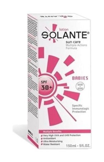 Solante 30 Faktör Hassas Ciltler İçin Yağsız Suya Dayanıklı Parfümsüz Parabensiz Bebek Yüz ve Vücut Güneş Losyonu 150 ml
